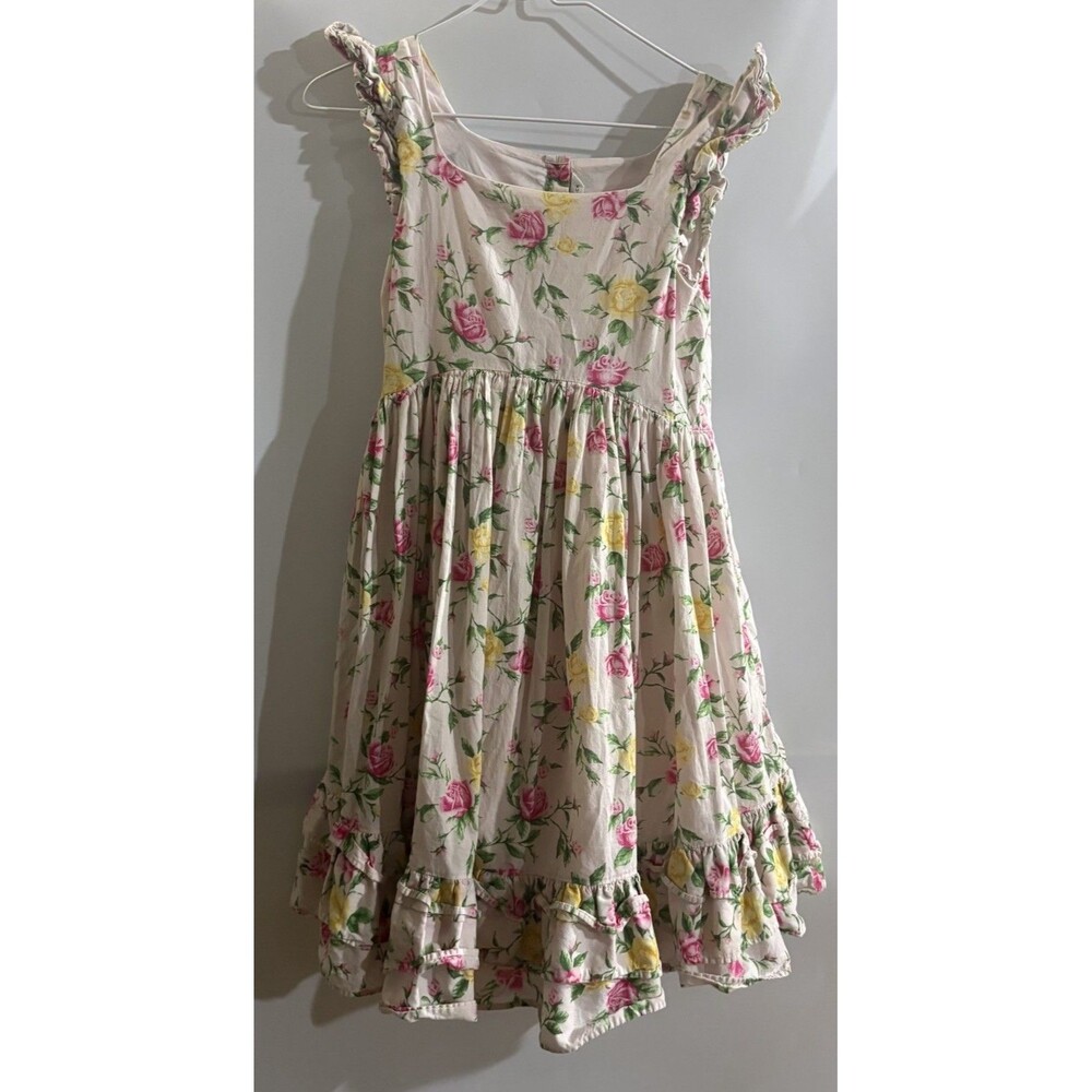 Janie and Jack Pink Floral A-Line Knee Dress Square Neck Ruffle Lined Sz 12